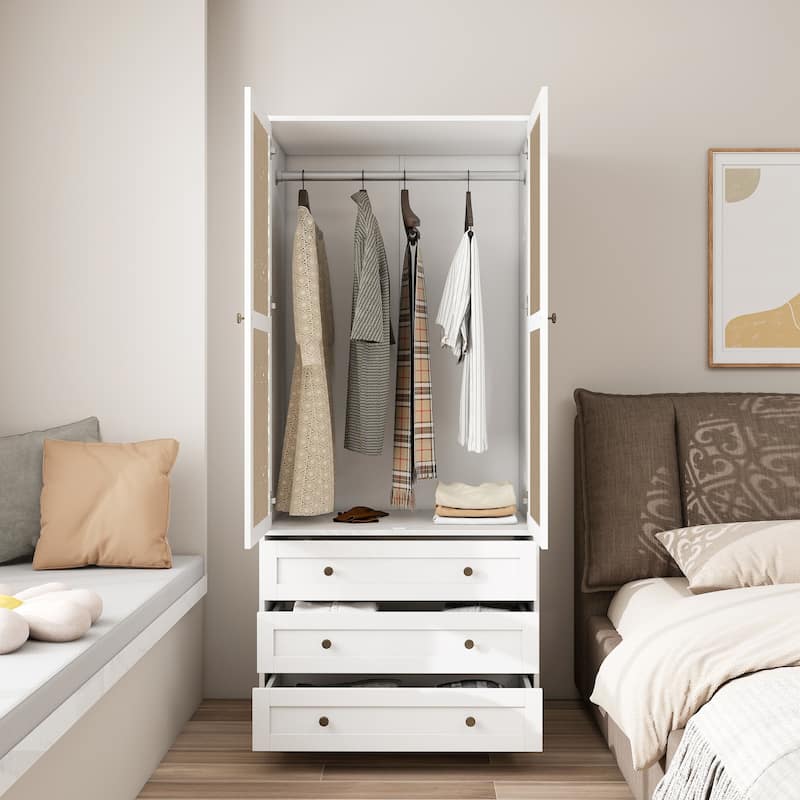 Anmytek Wood-White Hollow Pattern Wardrobe - 2 Door 3 Drawer Storage Cabinet for Bedroom & Dressing Room