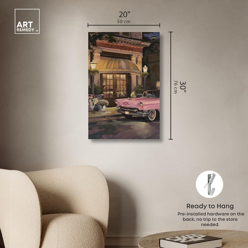 Classic Car Store Visit Canvas by Art Remedy, Gallery Wrapped