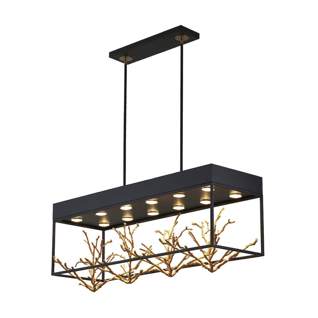 12-Light Matte Black Pendant With Gold Branch Accents