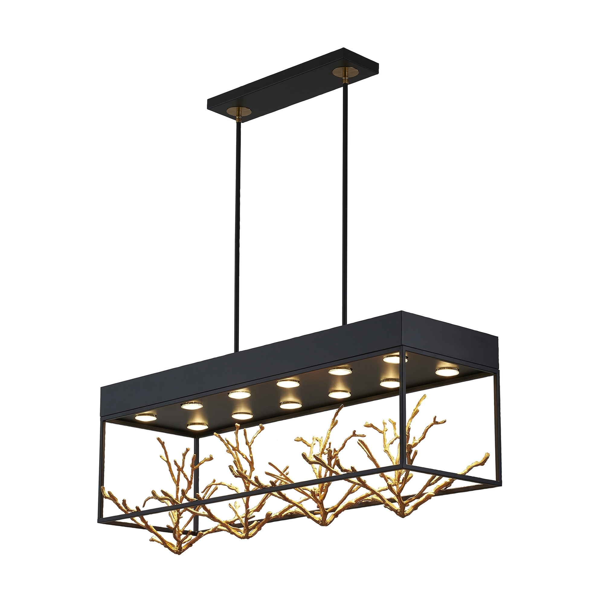 Contemporary 12-Light Matte Black Pendant With Gold Branch Accents
