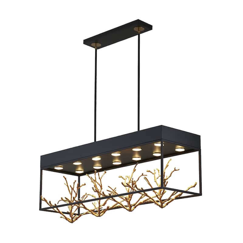 12-Light Matte Black Pendant With Gold Branch Accents