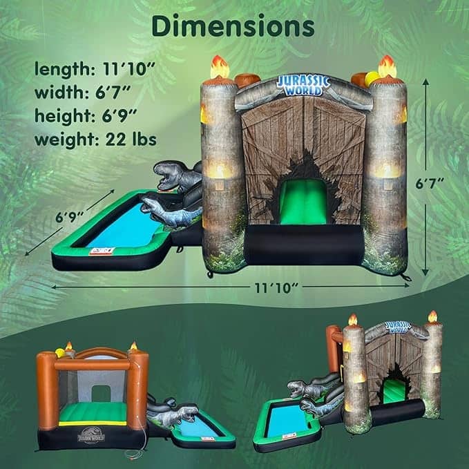 Jurassic World Dinosaur Bounce House Water Slide with Pool, Outdoor Bouncy Castle with Ball Pit for Kids Ages 3-8