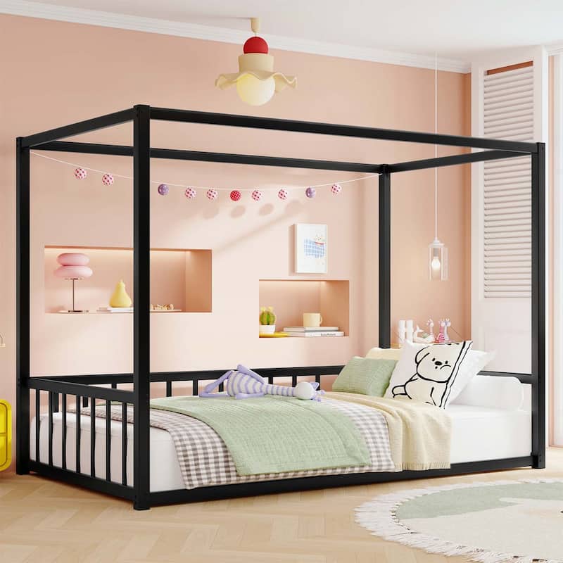 Floor House Bed with Fence-Style Guardrails,Modern Low-Profile Design - Black-Twin Size