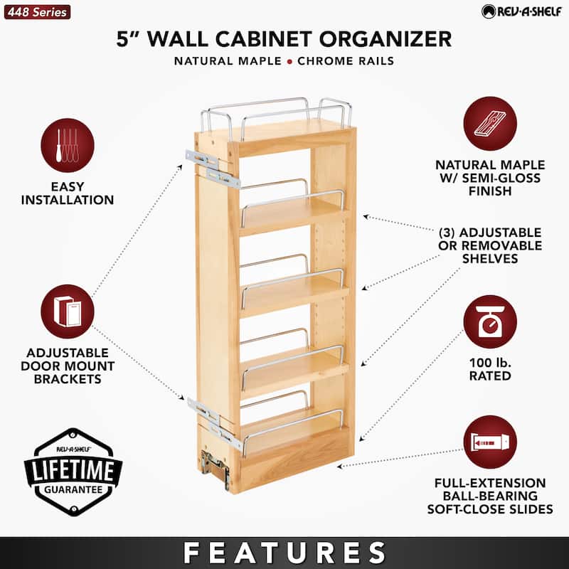 Rev-A-Shelf 5" Pullout Wall Kitchen Cabinet Organizer Storage Rack, 448-WC-5C - 10.75 x 5