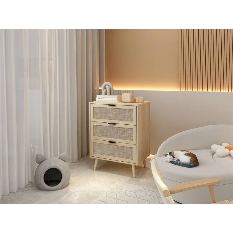 Rattan 3-Drawer Cabinet with Moisture-Proof Finish & Anti-Tipping Device for Safe Storage