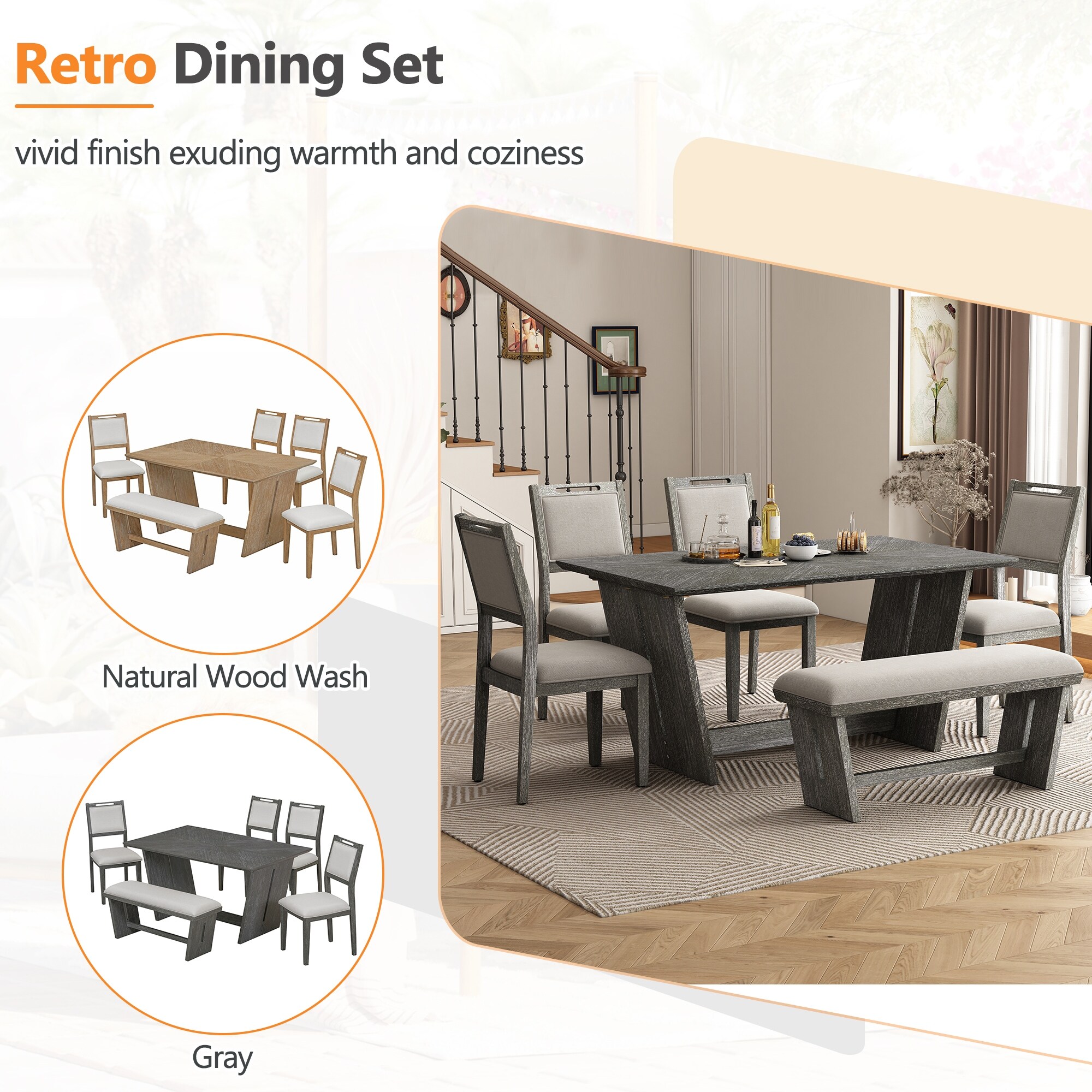 6-Piece Retro Dining Set with Trapezoidal Base, Upholstered