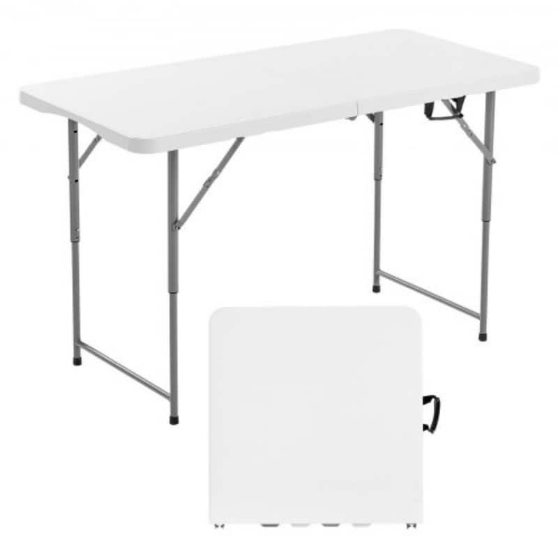 4ft White Portable Folding Camping Table with Adjustable Height for Picnic BBQ Party and Outdoor Use