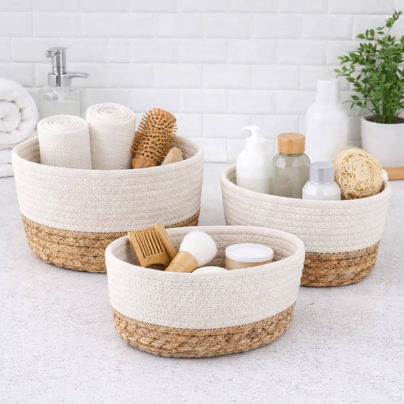 Cotton Storage Baskets Organizer Padang Set of 3 - 9 in. L x 5.9 in. D x 5.3 in. H - White / Natural
