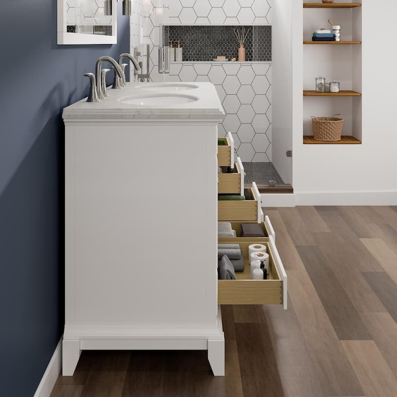Elite Stamford 48" White DS Bath Vanity with Carrara Quartz Top & Undermount Sinks