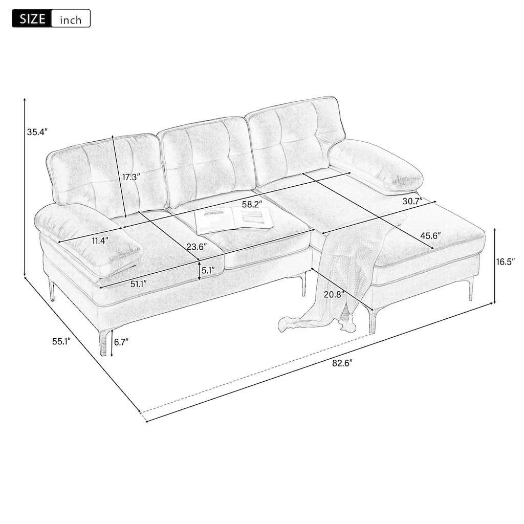L Shaped Sectional Sofa with Chaise, Velvet Fabric Cloud Couch, Corner 3 Seater Sectional Sofa with Backrest & Armrests