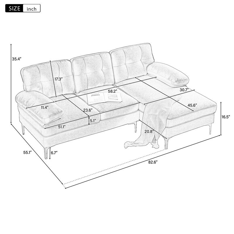 Modern Velvet L-Shaped Sectional Sofa with Metal Legs and Wide Backrest for Living Room Bedroom