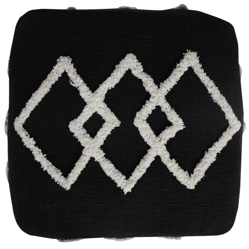 18" Black Cotton Geometric Pouf Ottoman for Living Room or Bedroom Decor