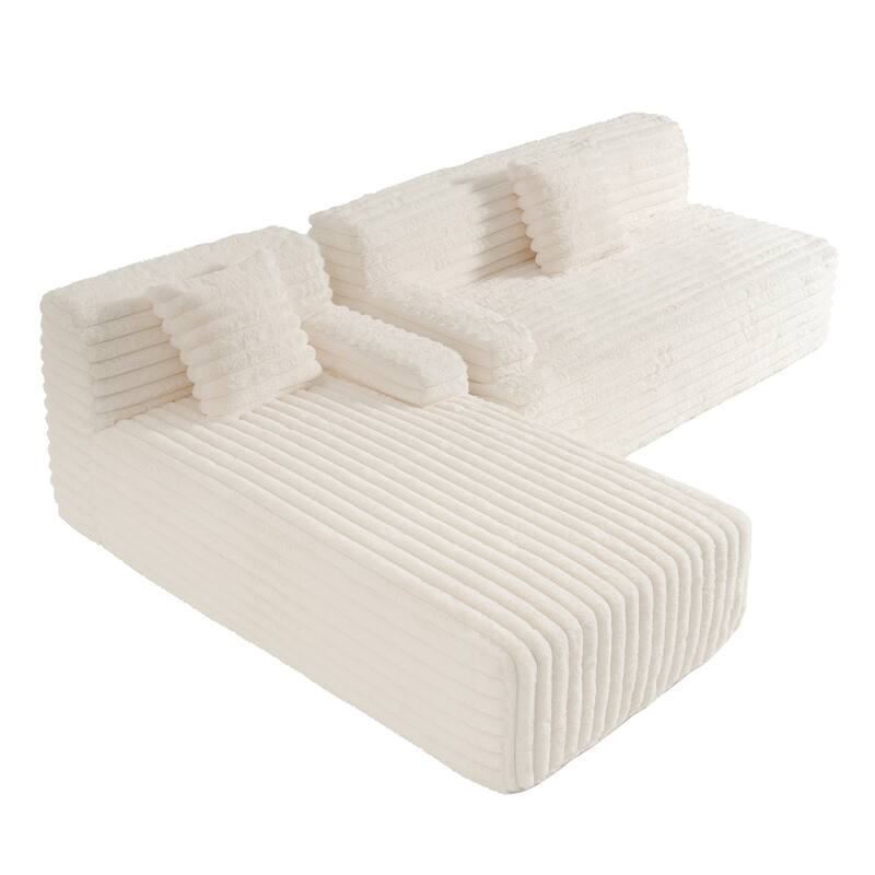 L Shape Modular Sectional Sofa with Chaise, Full-Compressed Boneless Couches, Faux Fur 3 Seat Sofa with 2 Throw Pillows