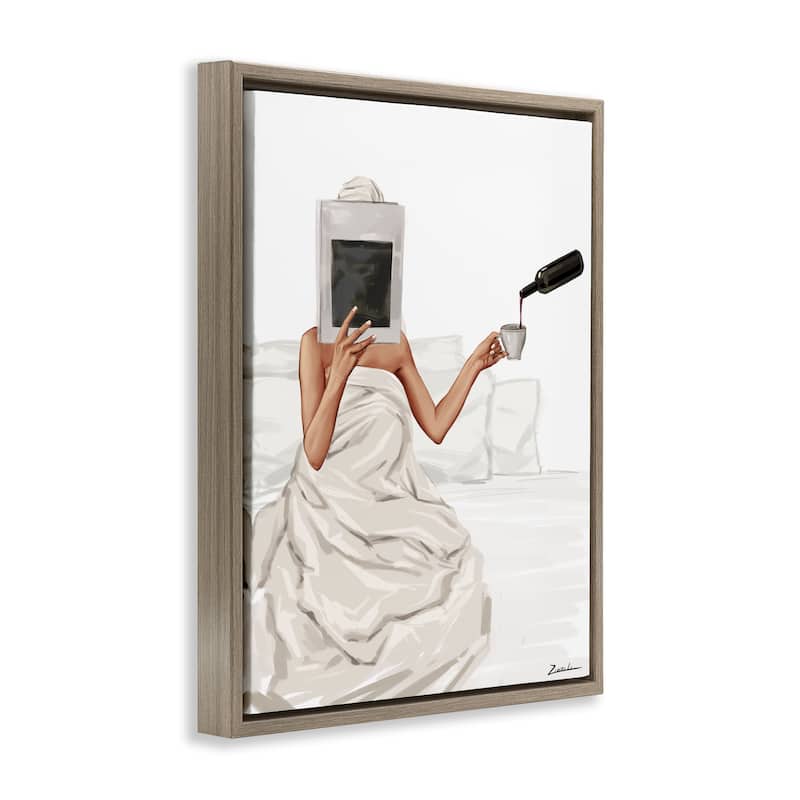 Stupell Cozy in Bed with Drink Framed Floater Canvas Wall Art Design By Ziwei Li