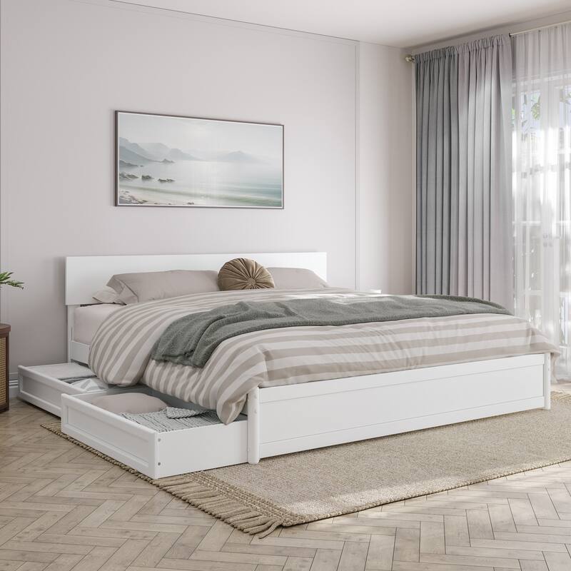 Wesley Platform Bed with Panel Footboard and Storage Drawers - White - King