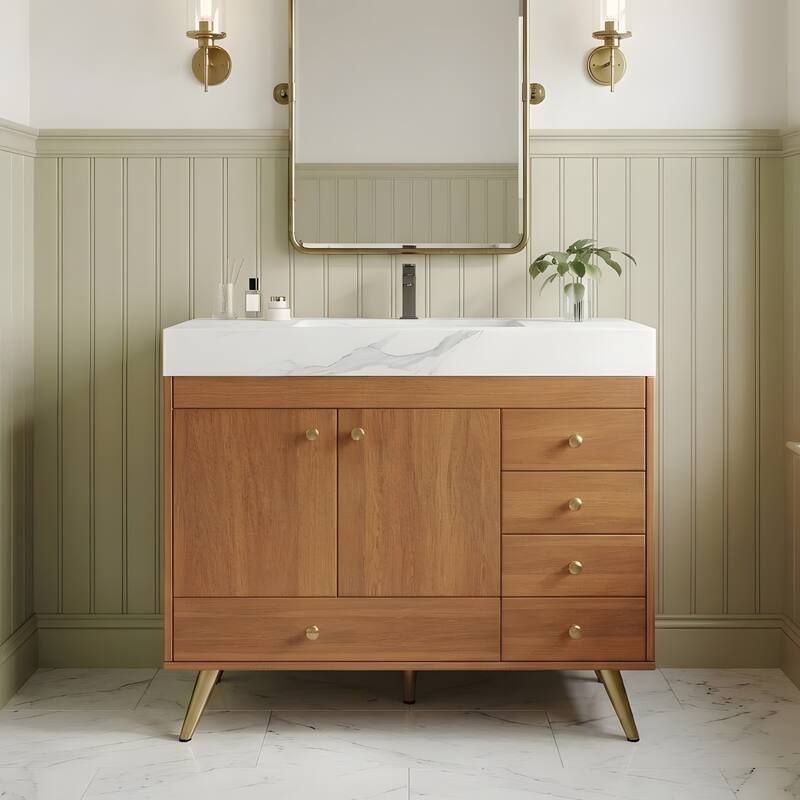 36" Freestanding Bathroom Vanity with Faux Marble Top, Ceramic Sink, 5 Drawers & Stainless Steel Legs