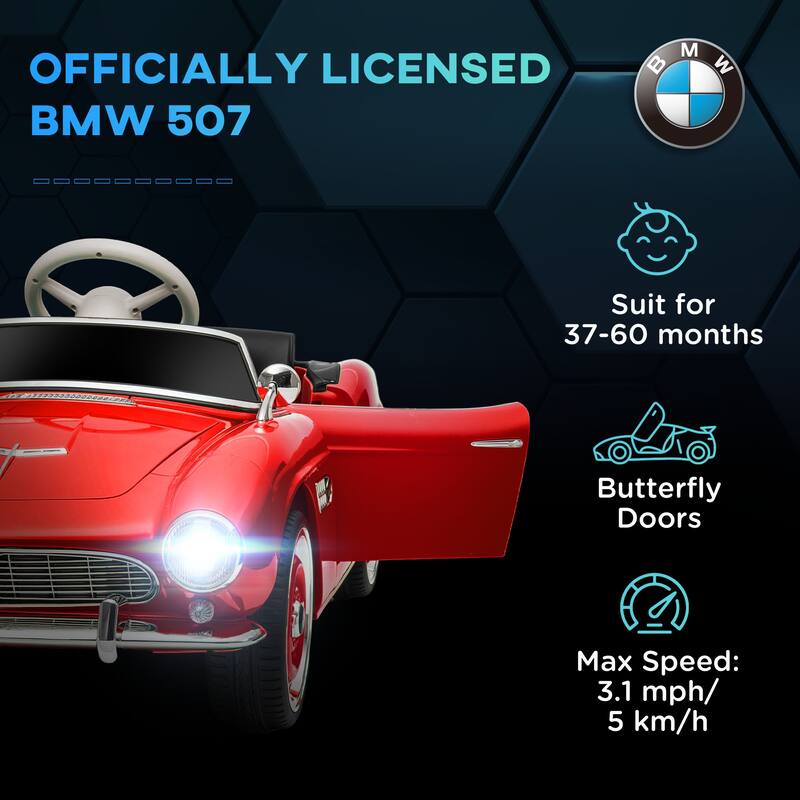 Licensed BMW 507 12V Kids Electric Ride-On Car with Remote Control, Bluetooth, Lights, Horn, and 3 Adjustable Speeds