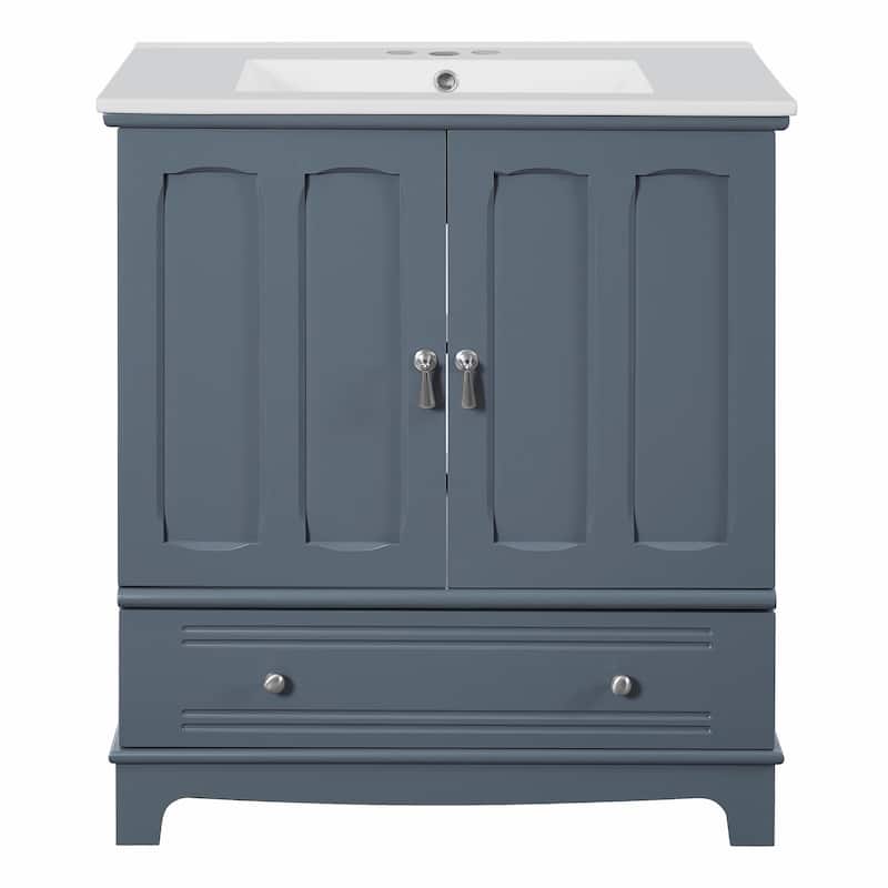 30" Bathroom Vanity with Ceramic Sink - Solid Wood Frame Bathroom Sink Cabinet with Adjustable Shelf