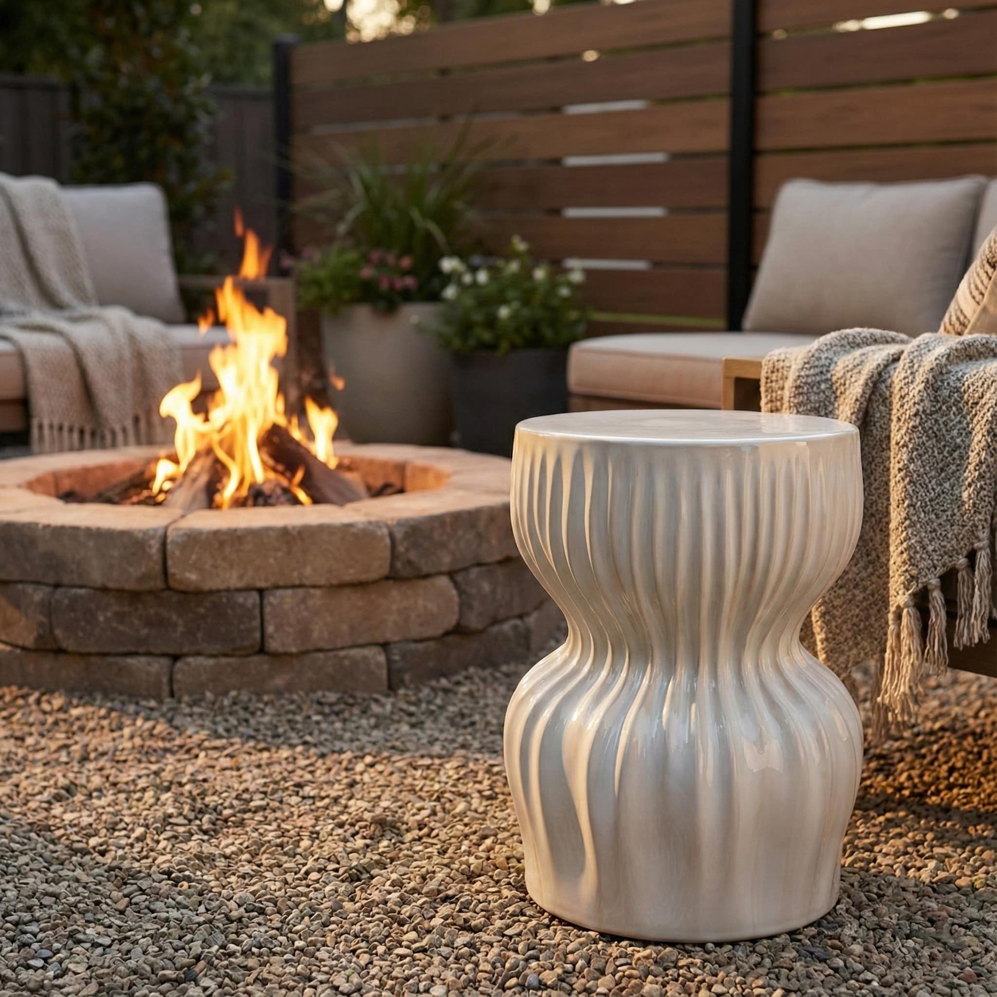 Garden Stool - Ceramic Modern Drum Sculptural - White, 19"