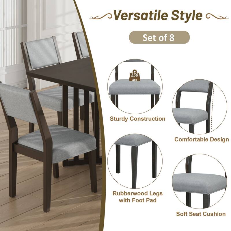 Solid Wood Farmhouse Dining Set: 83.9" Extendable Table with 2 Removable Leaves & 8 Comfortable Upholstered Chairs