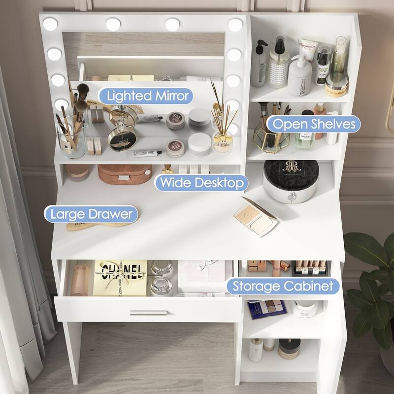 Makeup Vanity Desk with Mirror & Light, Bedroom Dressing Table