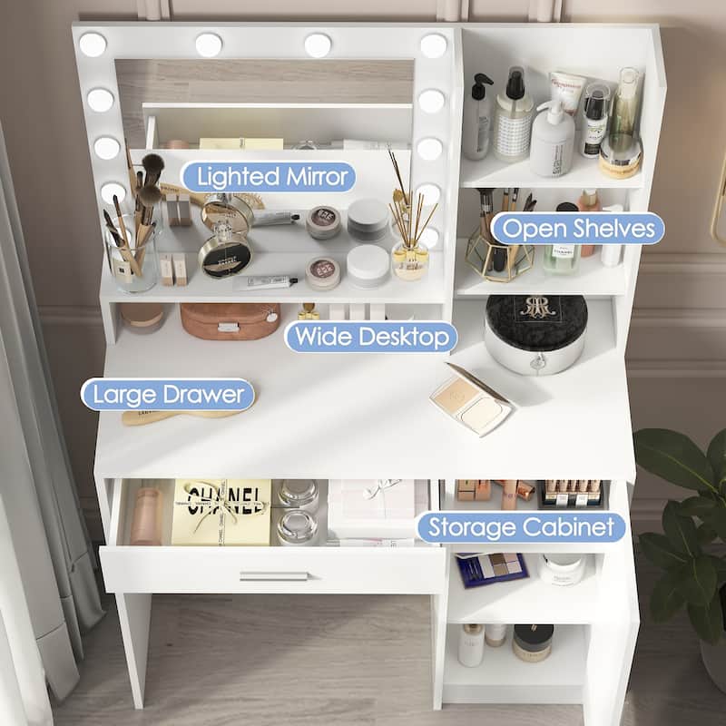 Vanity Desk with Spacious Large Drawer & Mirror with 3 Adjustable Lighting Modes