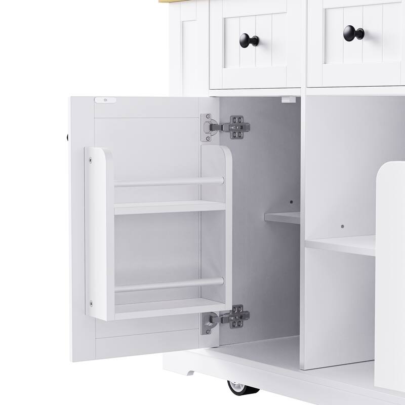 53.14'' Kitchen Island with 2 Bar Stools, Power Outlet,Door Internal Storage Rack, Drop Leaf, 5 Open Side Racks, 3 Drawers