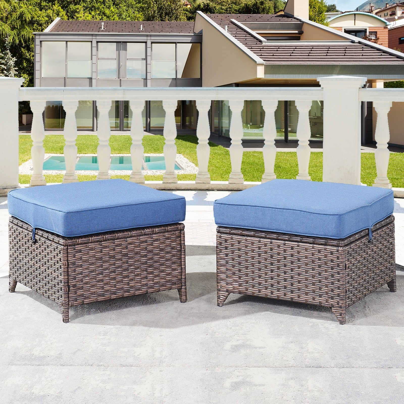 Gymojoy 2 Pieces Patio Rattan Ottomans, All Weather Outdoor Footstool