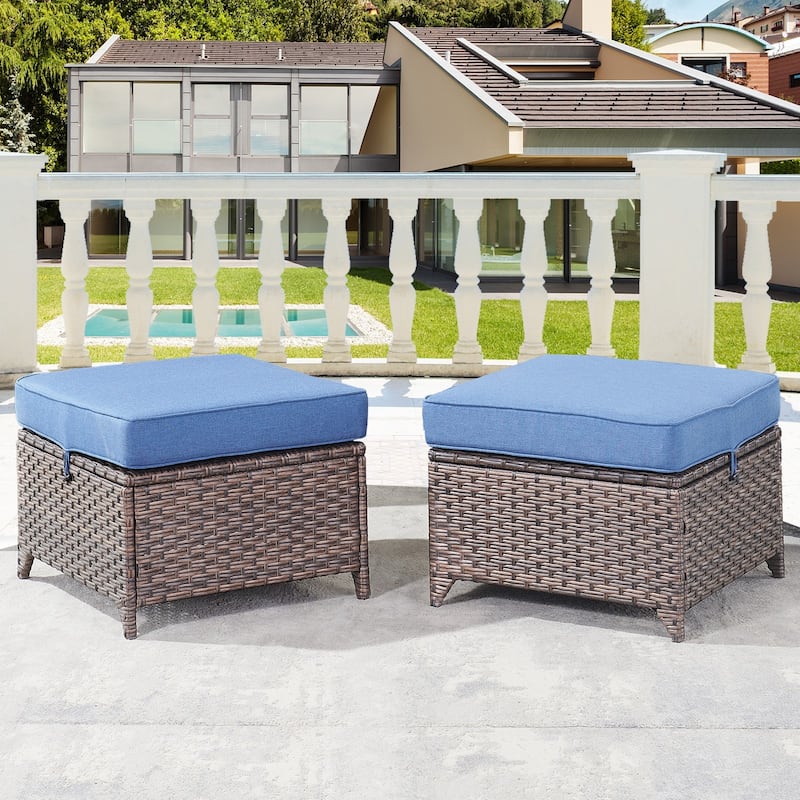 Gymojoy 2 Pieces Patio Rattan Ottomans, All Weather Outdoor Footstool - Brown - Blue