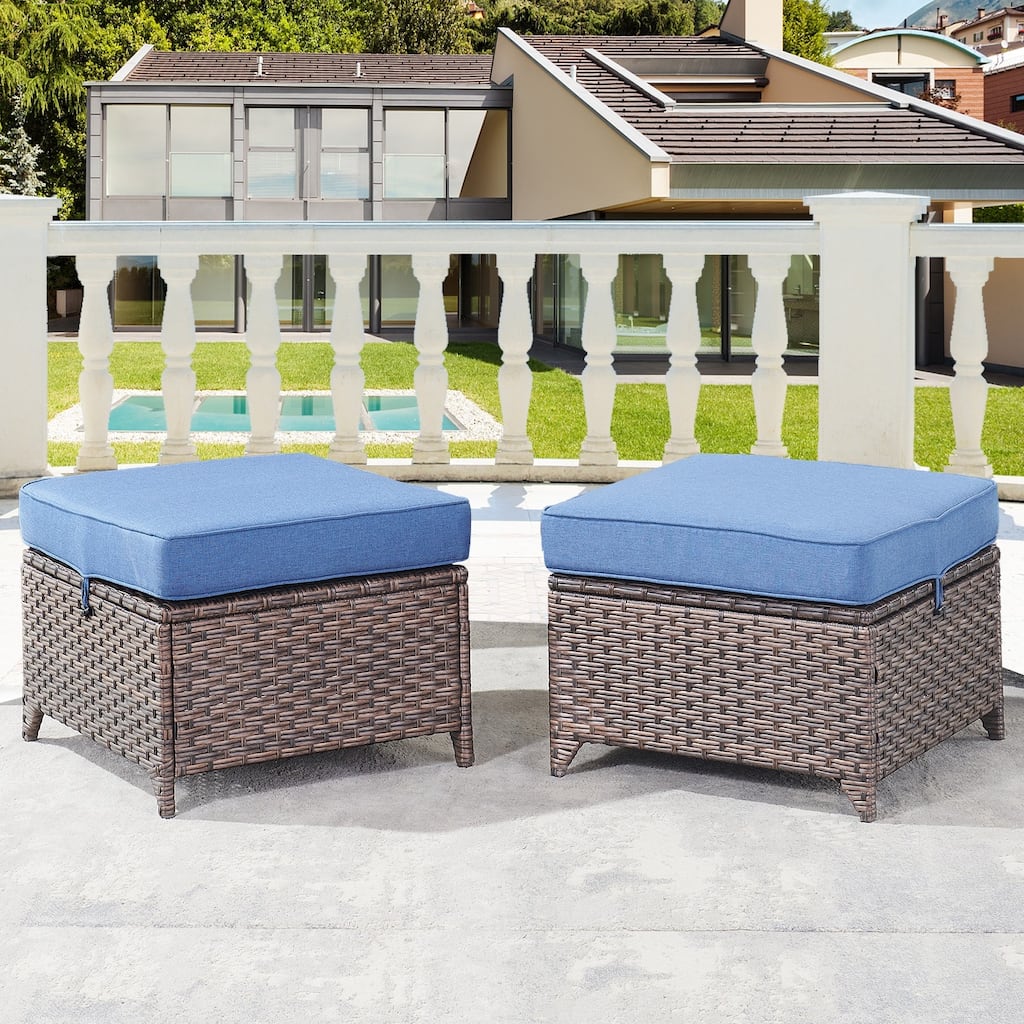 Gymojoy 2 Pieces Patio Rattan Ottomans, All Weather Outdoor Footstool