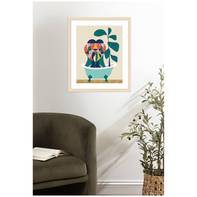 Kate and Laurel Framed Art Mid Century Modern Lion in Bathtub by Rachel Lee