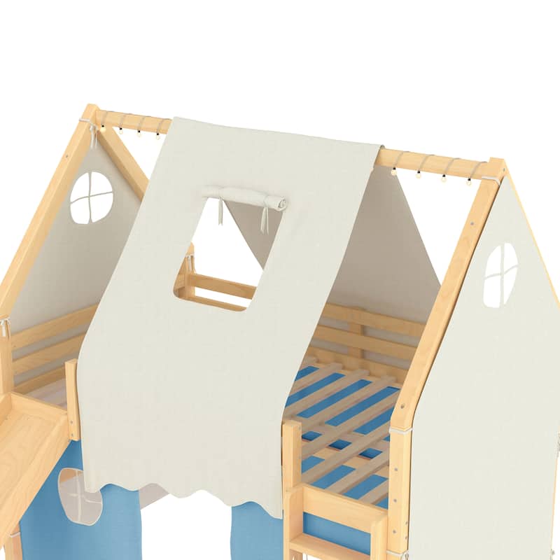 Fairytale Loft Bed Wooden House Bed with Tents, Light Strip and Slide