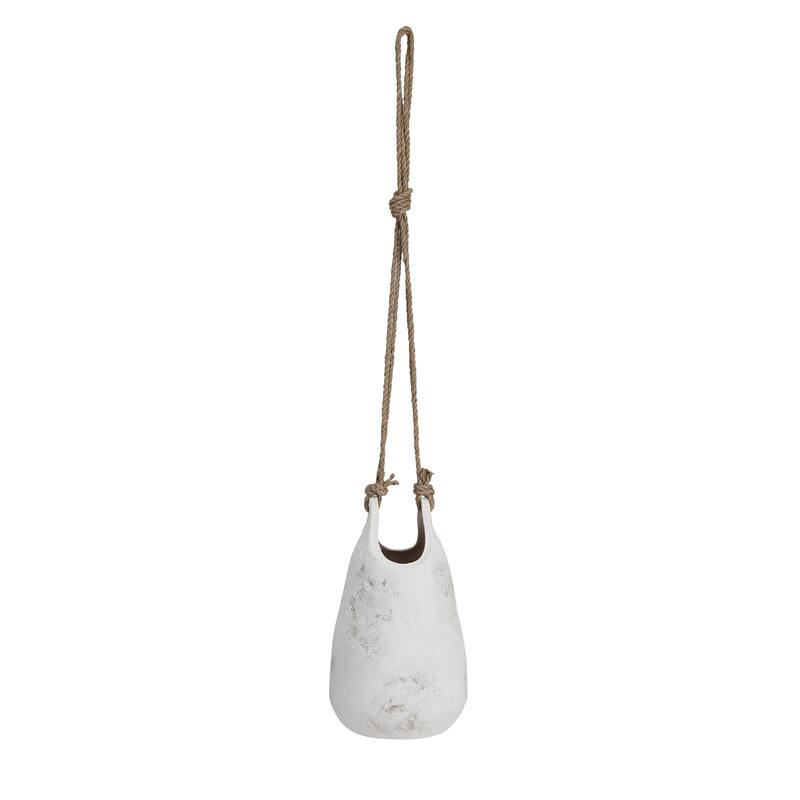 Hanging Stoneware Planter with Jute Rope Hanger and Distressed Finish - 7.3"L x 7.3"W x 12.3"H