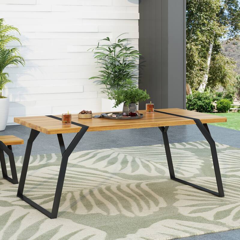 Roomfitters Outdoor Dining Table, Acacia Wood Top with Metal Frame, Patio or Garden Furniture in Natural Brown
