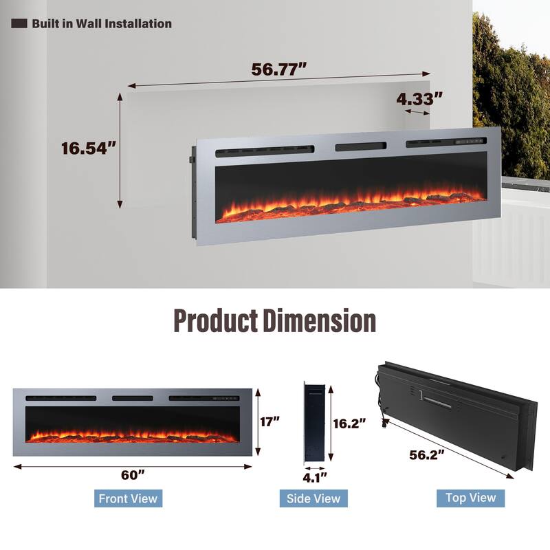 Wall Mounted & Recessed Electric Fireplace with 12 Flame Colors, Stainless Steel Electric Fireplace