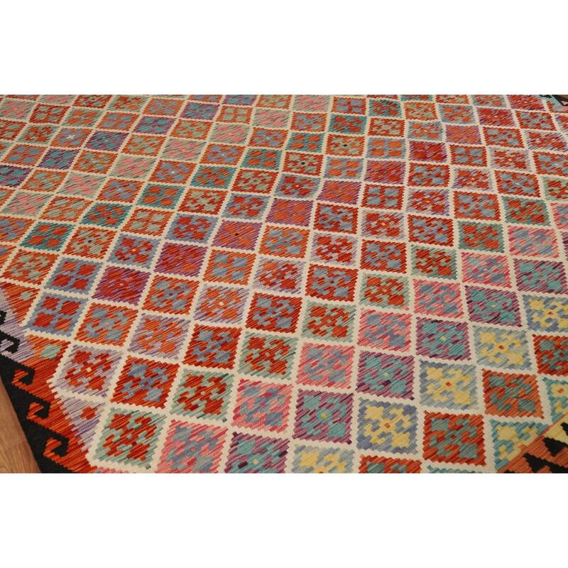 All-Over Trellis Kilim Area Rug Flatweave Wool Carpet - 8'3" x 9'10"