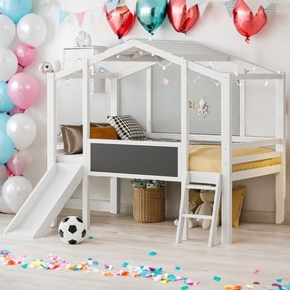 Twin Size Loft House Bed with Ladder, Slide and Light Strip, White