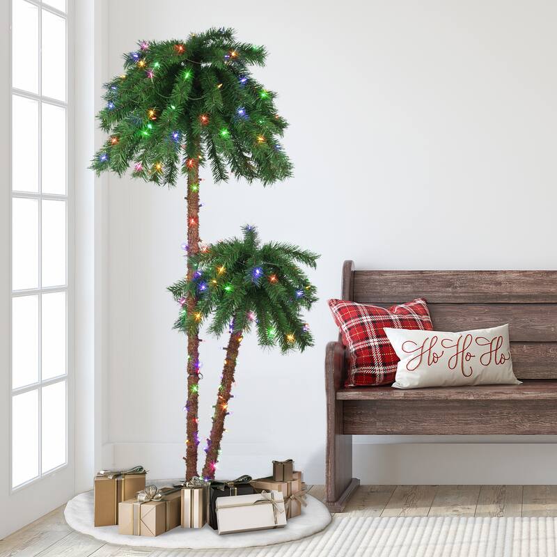 Puleo International 3.5 ft. & 6ft Pre-Lit Artificial Double Trunk Palm Tree