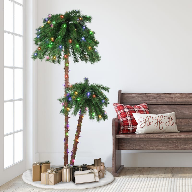 Puleo International 3.5 ft. & 6ft Pre-Lit Artificial Double Trunk Palm Tree