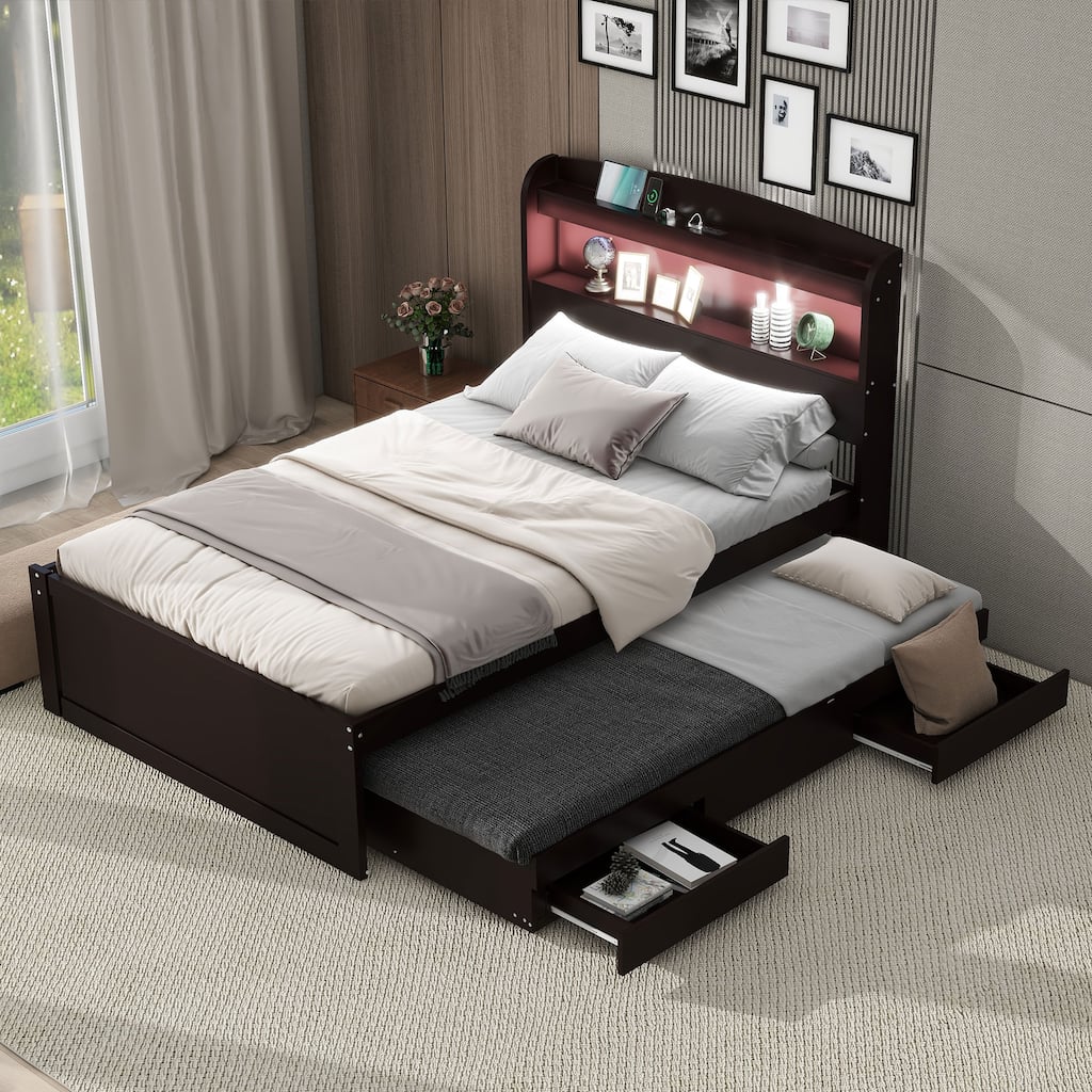 Twin XL Platform Bed with Storage, LED Headboard, Charging Station, Trundle, and Drawers, Dark Brown