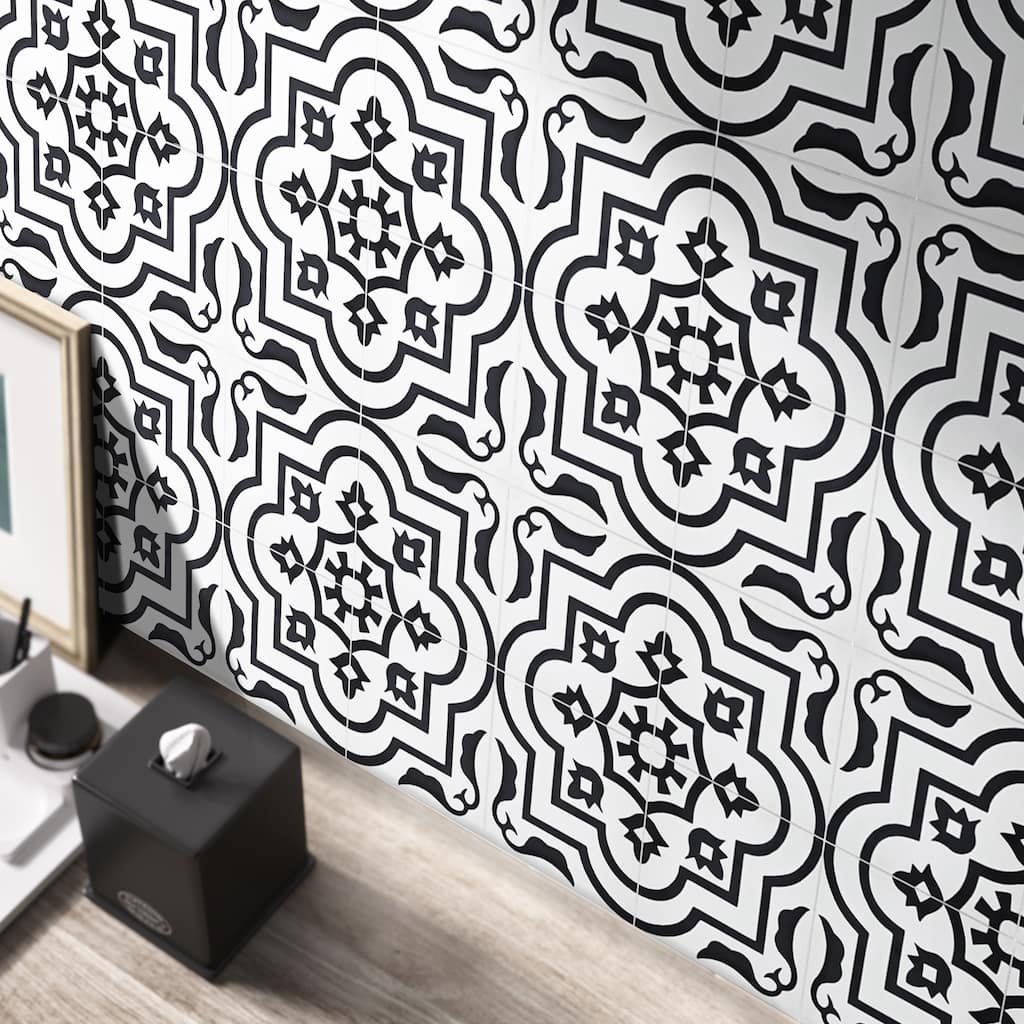Taza Handmade Cement Tile, 8x8, White/Black