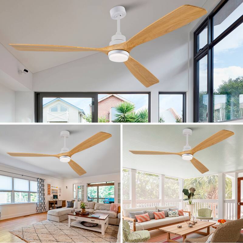 72" Ceiling Fan w/ 3 Color Dimmable 3 Solide Wood Blades Remote Control Reversible DC Motor