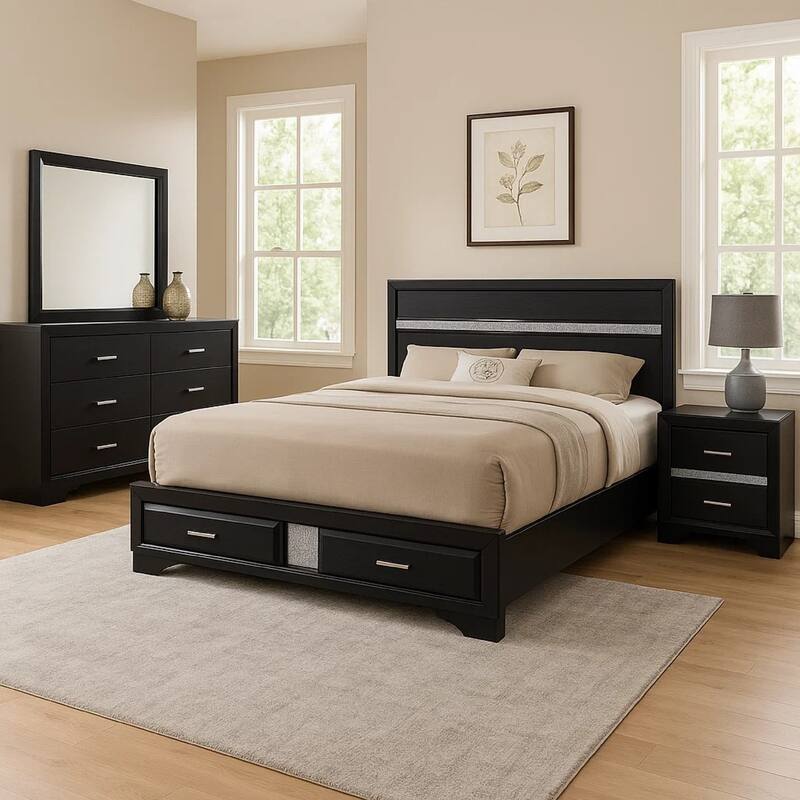 Vino Black 4pc California King Bed Set with Storage, Glitter Accent