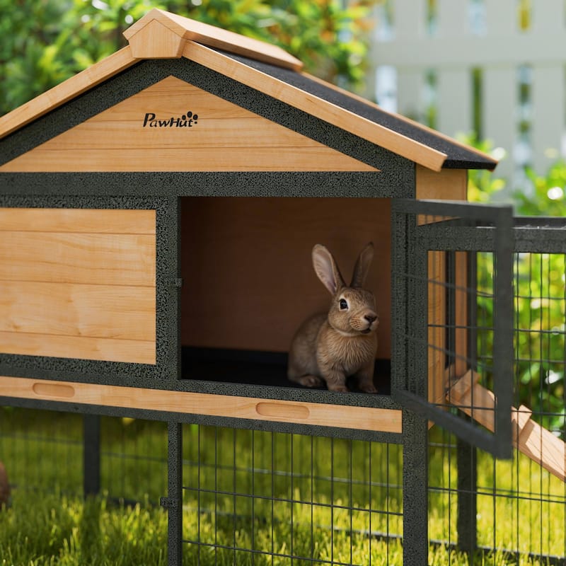 PawHut Rabbit Hutch Outdoor, 85" Large Wooden Bunny Cage with Steel Run, Removable No Leakage Tray - N/A