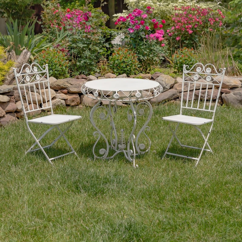 3- Piece Bistro Set with Flower Accents "Copenhagen" - 30.31" L x 30.31" W x 30.31" H. - Antique White