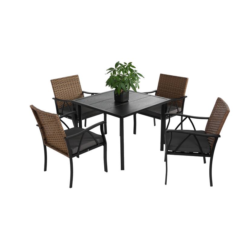 Patio Dining Set 5-Piece Wicker Outdoor Table and Chairs with Square Steel Tabletop Patio Table and Chairs Set
