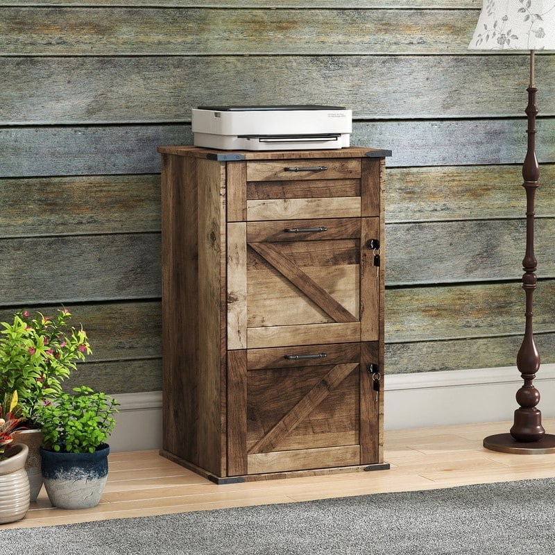 Barn Door Wooden 3 Drawers With Lock 30.71"H - Grey