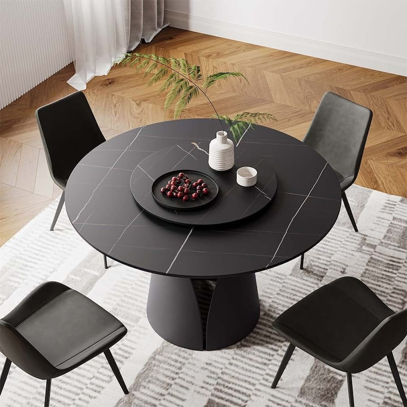 Modern Round White Dining Table，Sintered Stone Tabletop, Solid Black Carbon Steel Base - 51"+23.6" - Matte Black Tabletop-Black Base