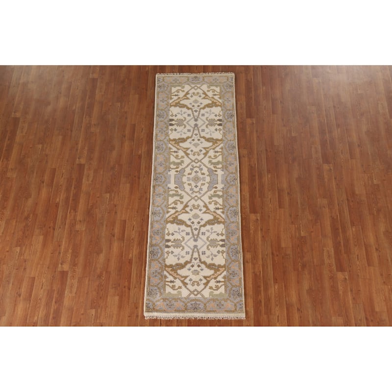Geometric Oushak Oriental Runner Rug Handmade Wool Carpet - 2'7"x 7'11"