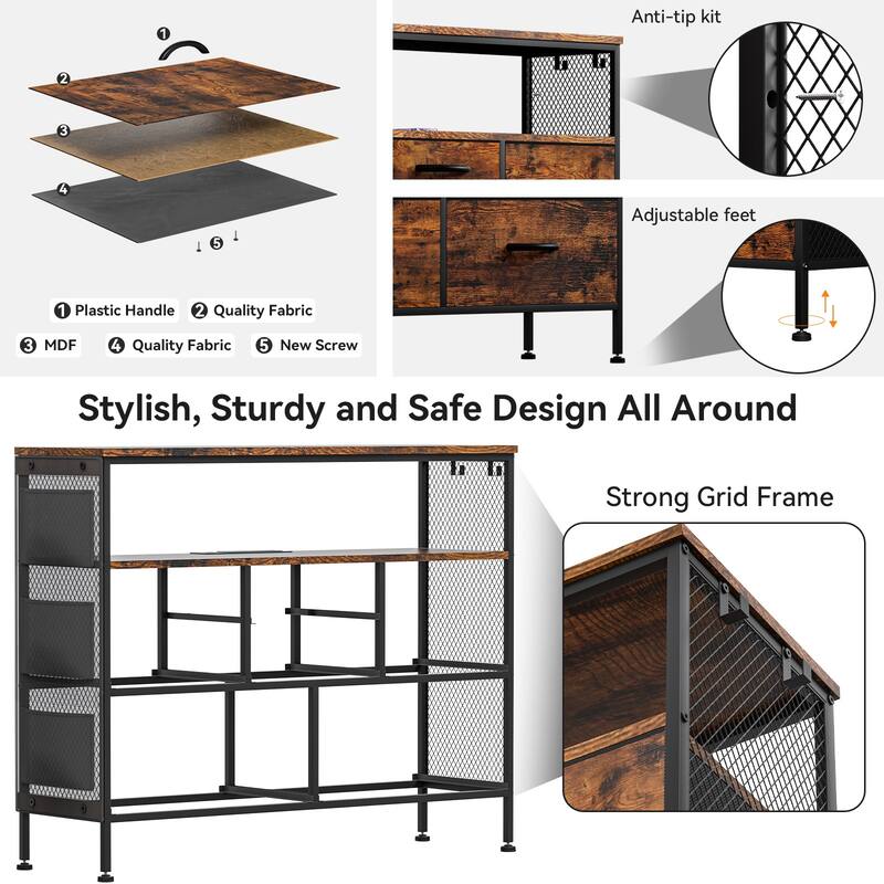 Dresser for Bedroom TV Stand with Power Outlets and LED Light, 6 Dresser with Shelves for 45" TV, PU Finish